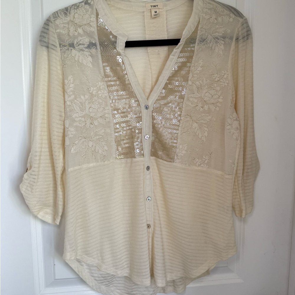 TINY Anthropologie Ivory Sequin Button Down Top| M | Boho Sheer Blouse